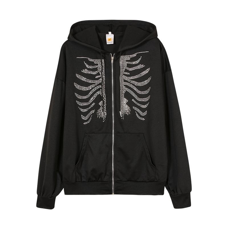 Y2K Rhinestone Skeleton Hoodies Women Gothic Black Red Zip-up Sweatshirts Female Retro Harajuku Hooded Coats Streetwear