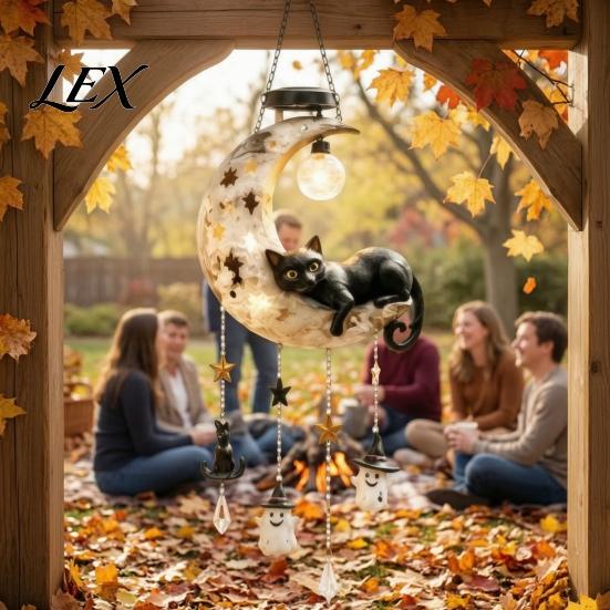 Waterproof Patio Porch Ornaments Solar Moon Black Cat Wind Chime Light, Powered Hanging Lamp, Resin Outdoor Garden Chimes Decor for Yard, Gift