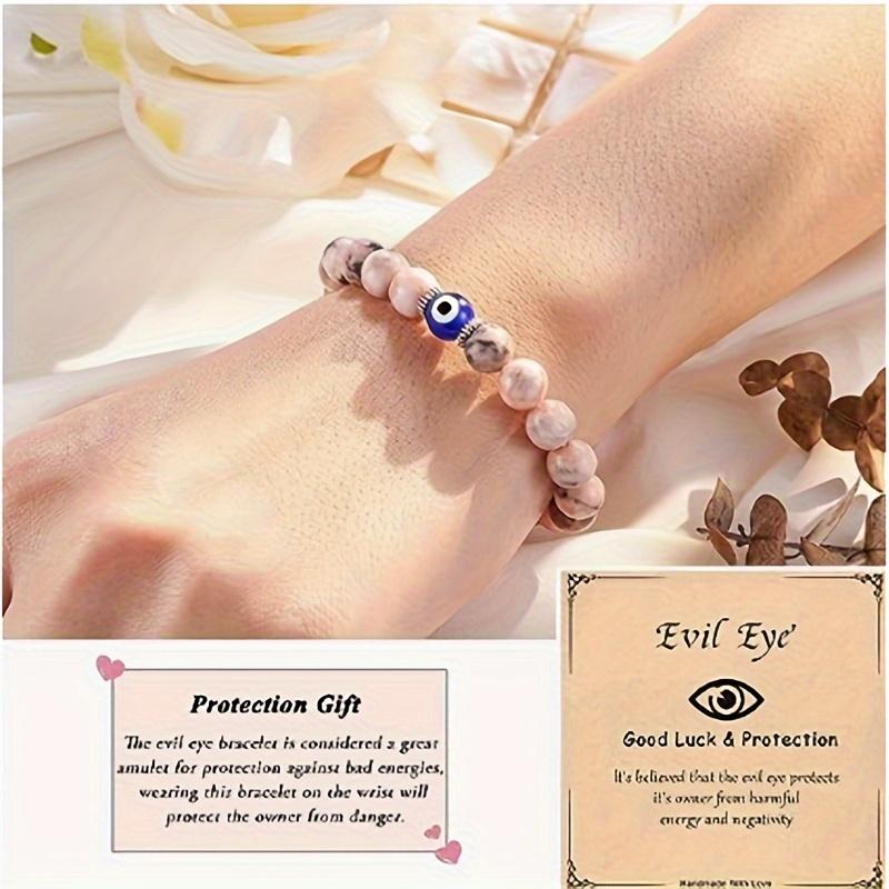 Браслет ручной работы из розового натурального камня с бусинами и уникальными бусинами в форме глаз синего дьявола. Изысканные ювелирные изделия ручной работы.