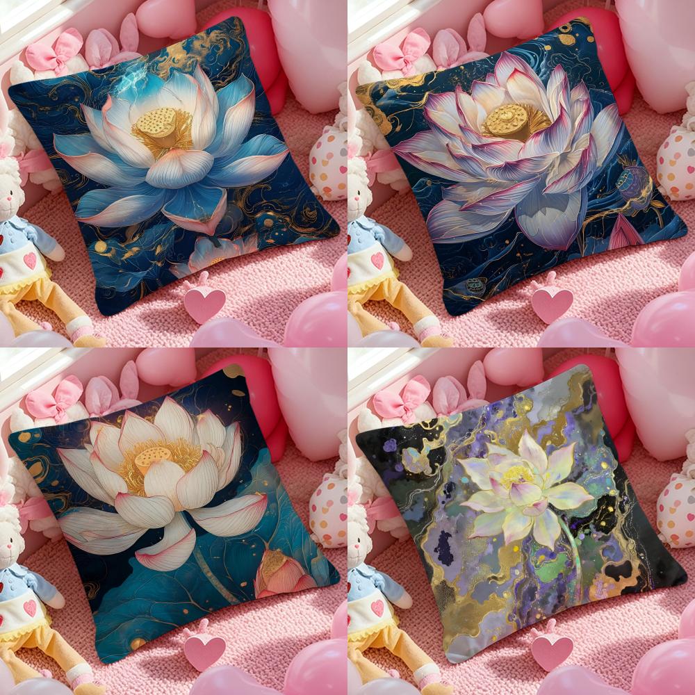 Fashion Lotus Cushion Cover Anti-dustmite Pillowcase Invisible Zipper Silky Short Plush Sofa Cushion Cover