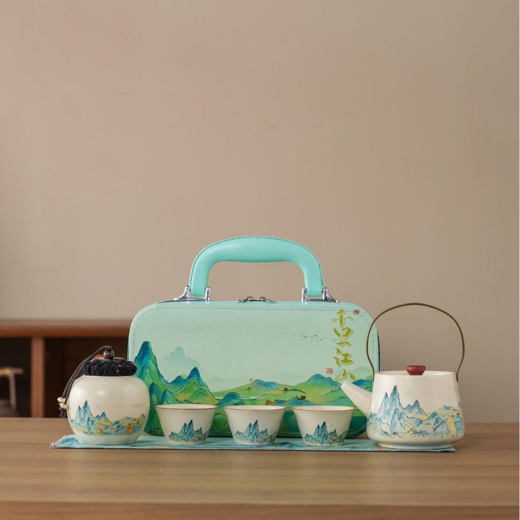 Company annual meeting gifts thousands of miles of Jiangshan Ru kiln travel tea set teapot souvenir portable Kung Fu Kuaike cup