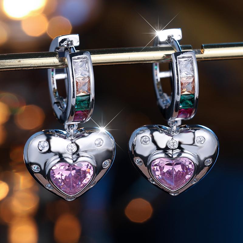 Милые розовые серьги-подвески в форме сердца с цирконом для женщин, серебристого цвета, свадебные, изящные ювелирные изделия, подарок