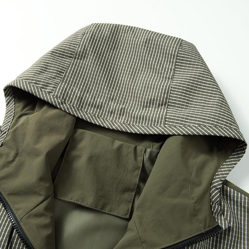 Mens Hooded Workwear Jacket Loose Fit Striped Outdoor Casual Coat