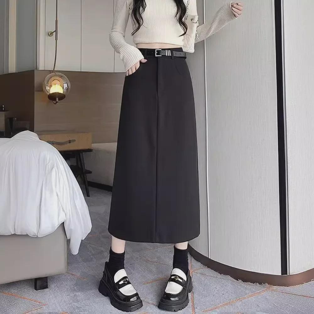 Маленькая серая юбка-трапеция для женщин - рабочая одежда, высокая талия, разрез на бедрах, осень/зима 2024 г.