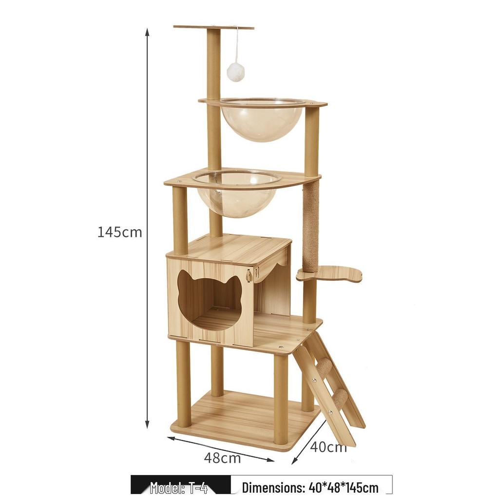 Большое деревянное кошачье дерево и когтеточка с компактным дизайном - Встроенная лазалка и домик