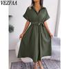 Women's Fashion Summer Spring Solid Color Print Short Sleeve POLO Neck High Waist Casual Dresses