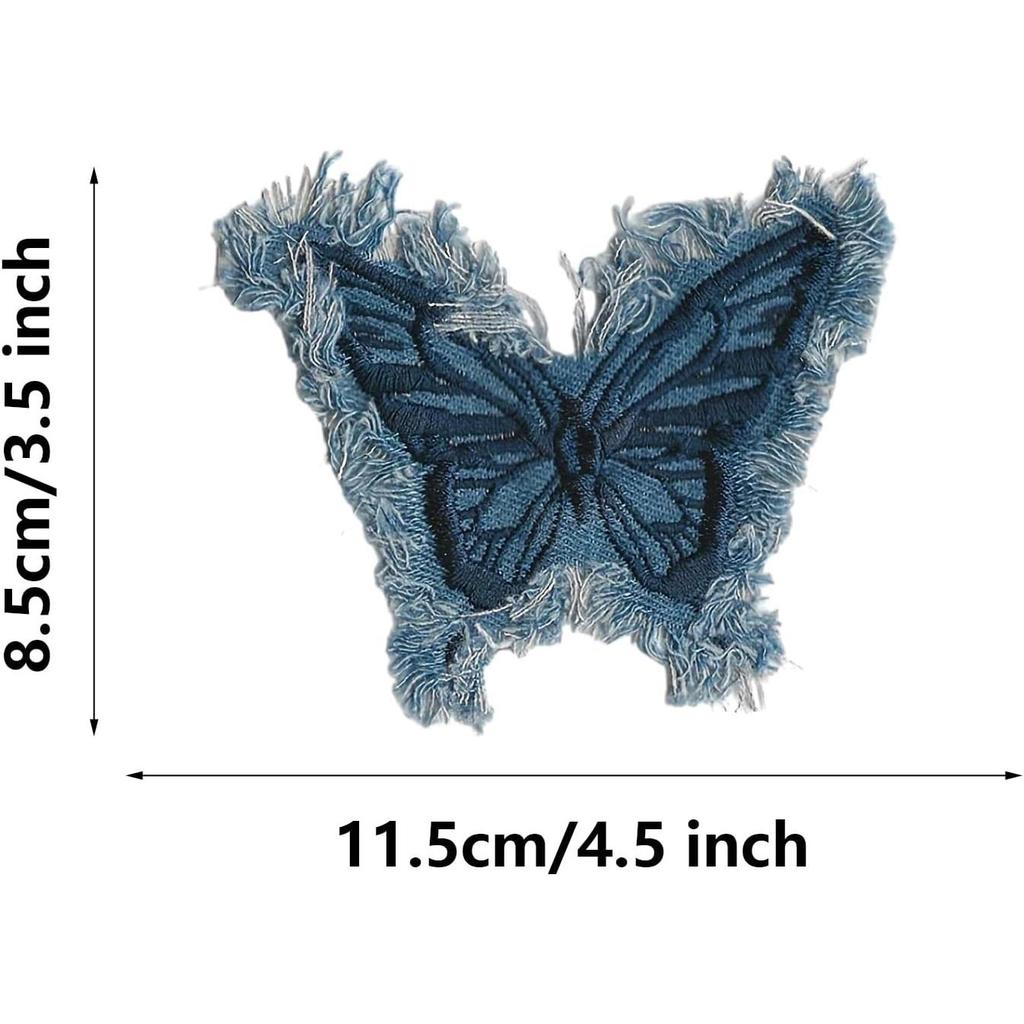 2 шт. Синяя вышитая джинсовая нашивка с бабочкой, бахрома по краю, пришивание, одежда, сумки, аксессуары