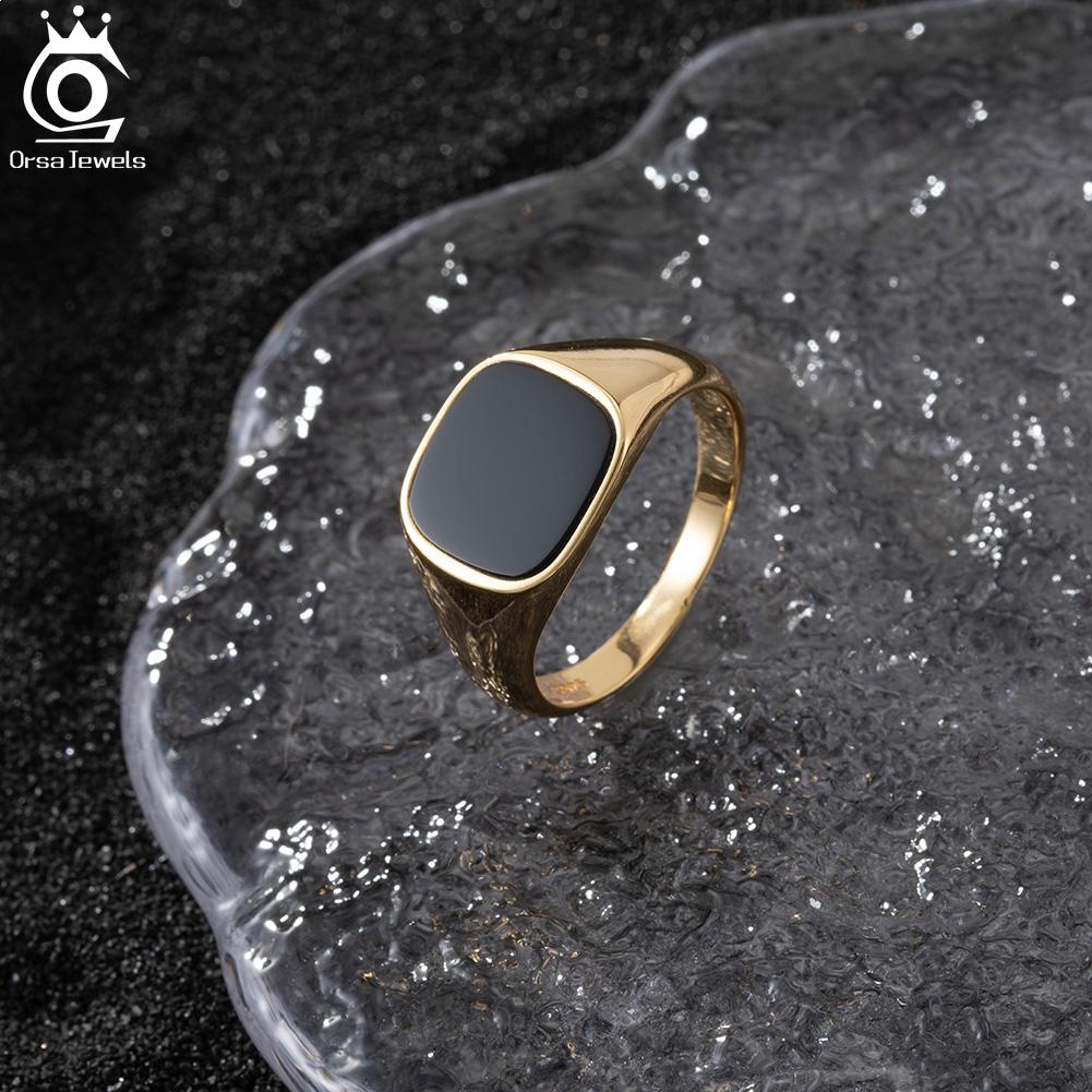 ORSA JEWELS Классические простые мужские кольца из стерлингового серебра 925 пробы, 18K золотое покрытие, минималистичные турецкие кольца с черным агатом, ювелирные изделия NMR01