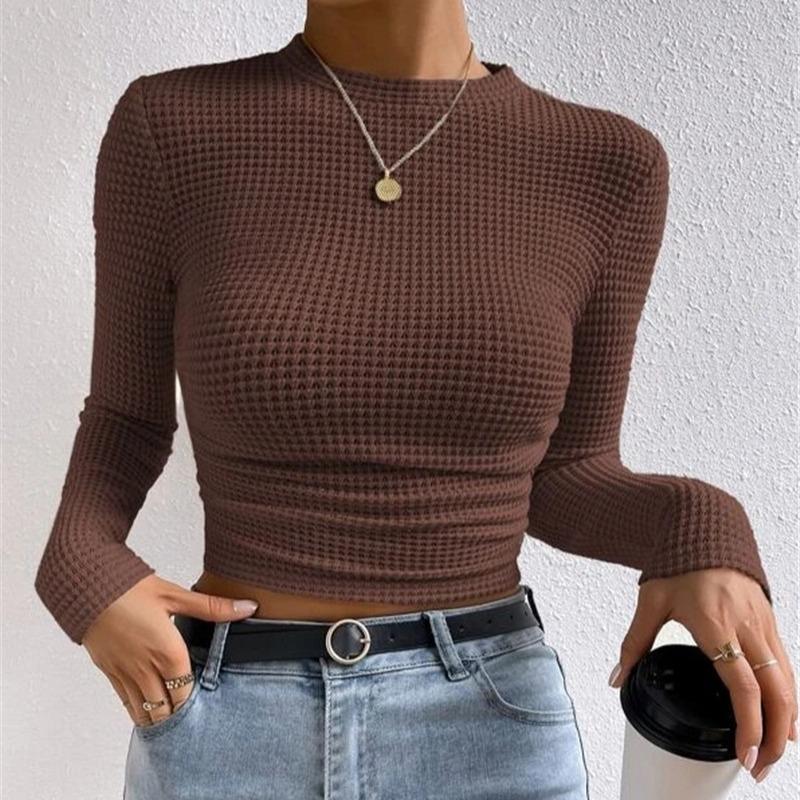 Модная тонкая футболка с круглым вырезом и длинным рукавом, элегантная однотонная трикотажная повседневная футболка для женщин, простая базовая женская укороченная футболка-пуловер 26148