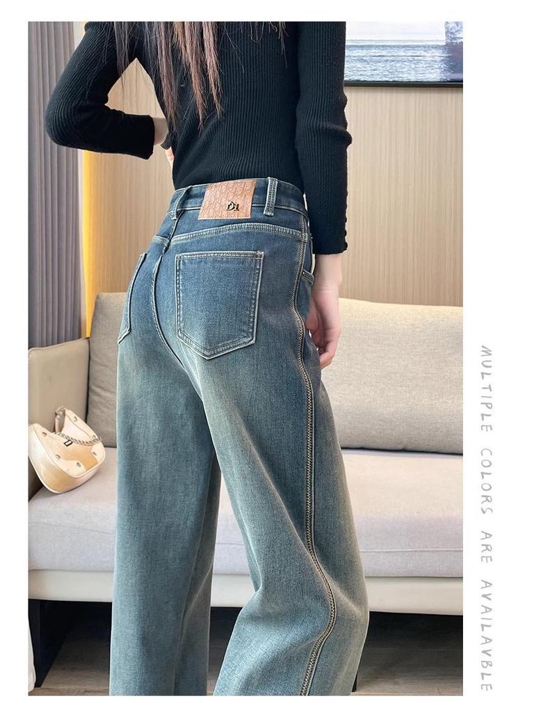 Женские плюшевые джинсы с высокой талией и широкими штанинами - Зима 2024 Ретро Прямые брюки