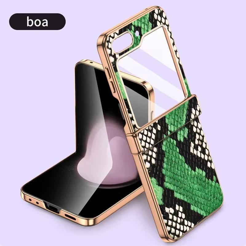 Cowhide Leather Phone Case for Samsung Galaxy Z Flip6 Flip5 Flip 6 5 ZFlip5 Luxury Hinge Protection Cover with Tempered Glass