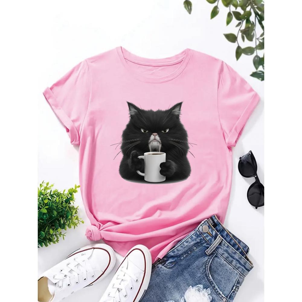 Cute Coffee Drinking Cat Women's T-shirt Summer Fashion Short-sleeved Casual Women's Clothing