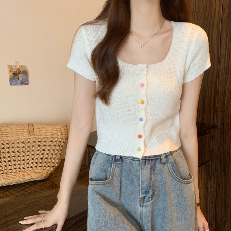 Элегантный и тонкий квадратный вырез, радужная однобортная рубашка, летний свитер с короткими рукавами, футболка с короткими рукавами