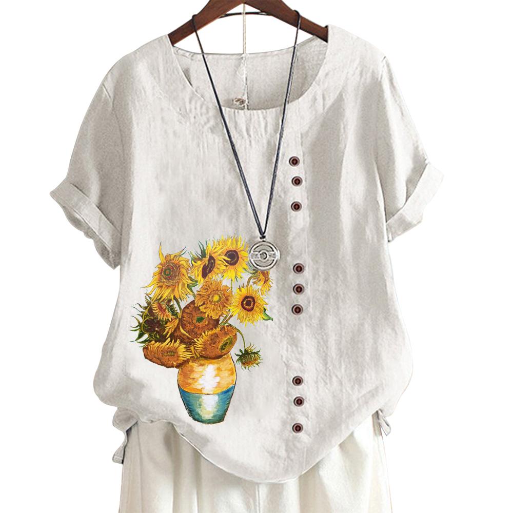 Women's Casual Cotton Linen Blouse with 6 Printed Patterns, Round Neck, and Short Sleeves S-5XL