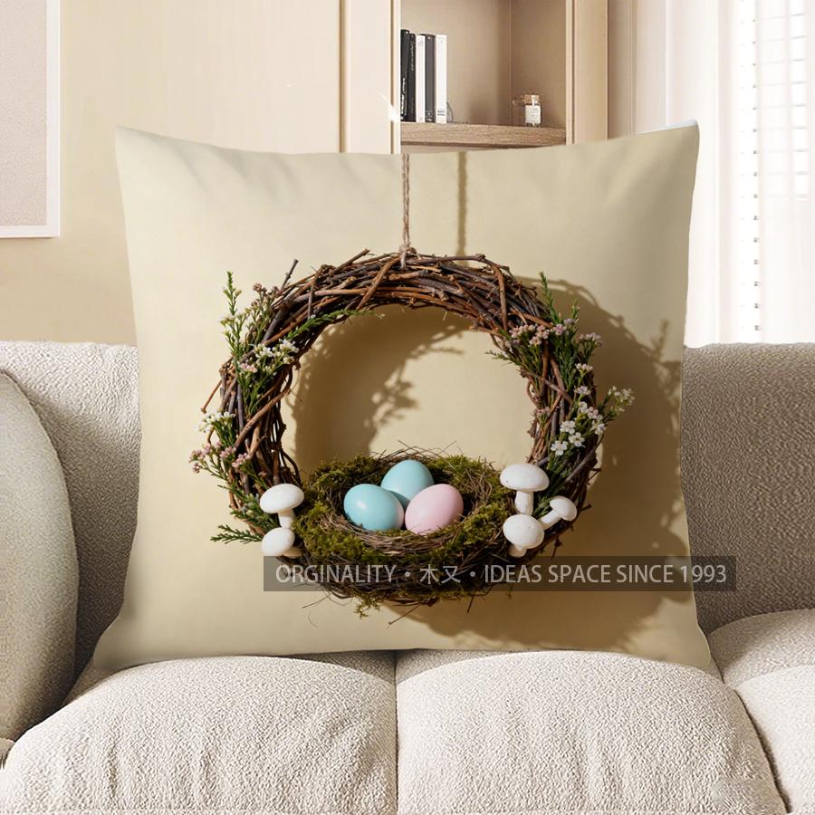 2D Wreath Nest With Eggs Floral Throw Pillow Pattern Cushion Cover Suitable For Sofa Bedroom Car Pillow Cover