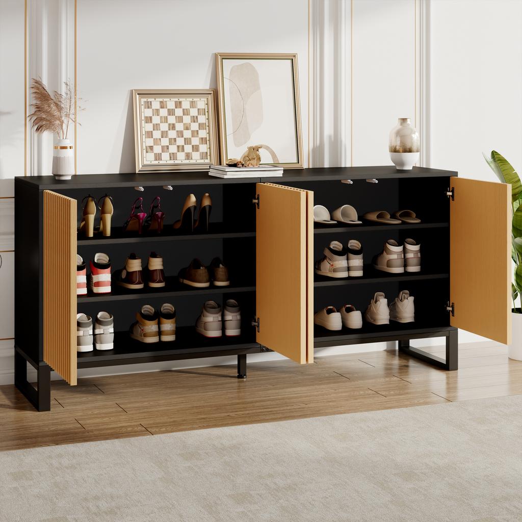 Sideboard Shoe Cabinet Vertically Grooved 4 Swing Doors Height-Adjustable Shelves Black Carcass Hallway Dining Room Living Room Storage Cabinet