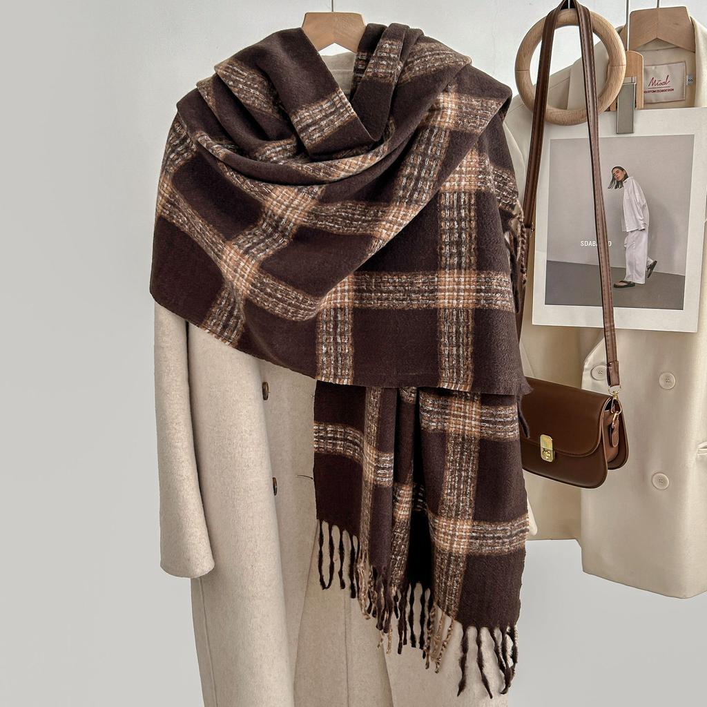 British Retro Large Plaid Scarf for Women Winter Fleece-Like Cashmere Trendy Brand Korean Style Versatile Student Warm Neck Warmer