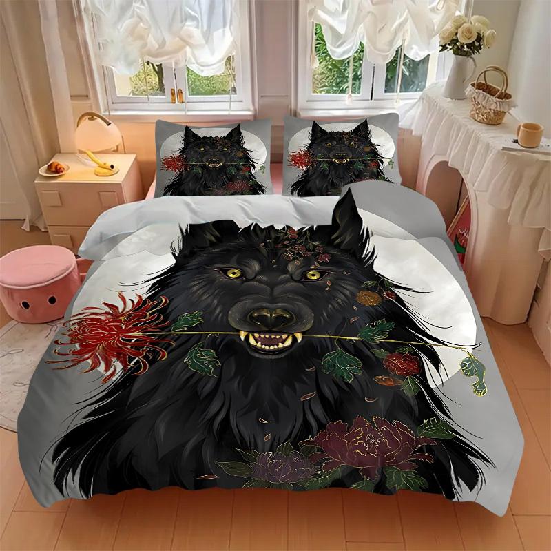 3pcs bedding set Wolf Flowers Includes 1 Comforter + 2 Pillowcases, Without Pillow Inserts, Soft Comfortable,a0909087