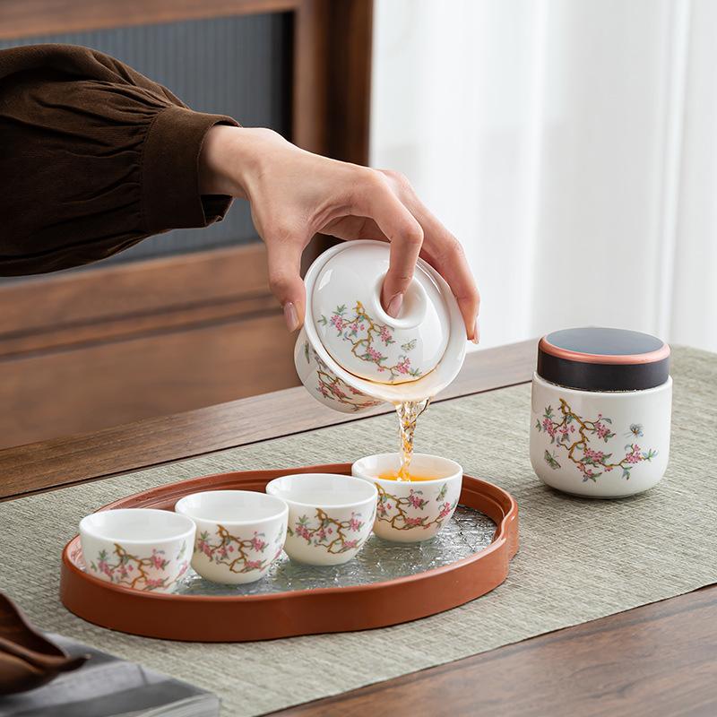 Chinese suet jade cover bowl travel tea set ceramic Dehua white porcelain retro gift box with hand gift printing