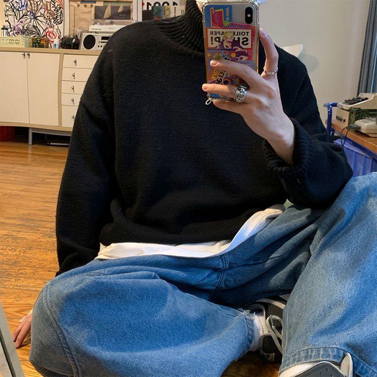 Свитер с высоким воротником, мужская осенне-зимняя теплая однотонная вязаная рубашка с подкладкой