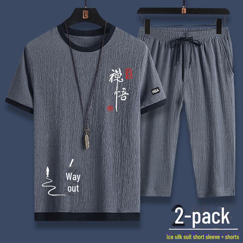 Мужской летний повседневный спортивный комплект из двух предметов Ice Silk: Свободный топ с короткими рукавами и укороченные брюки