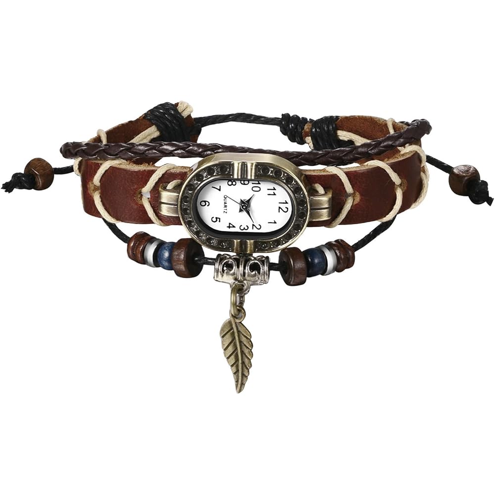 "Vintage Women's Analog Bracelet Watch Leather Strap Multi-Wrap Leaf Design Square Casual Accessory"