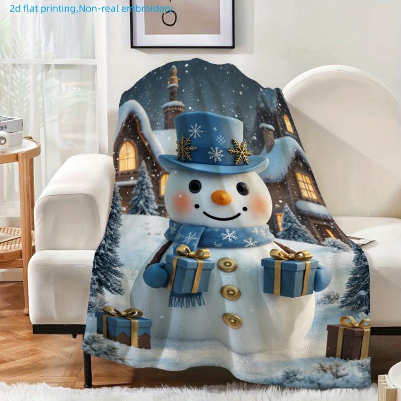 1pc Christmas Snowman Print Blanket, Holiday Gift Theme, Multi-Size Available, Suitable for Living Room, Bedroom, Study, Office, Outdoor