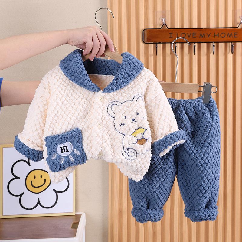 Winter Boys' Bear Pajama Set: Double-Layer Plush Fleece Homewear