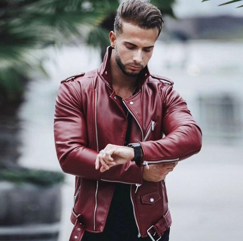 Brown diagonal zipper epaulettes denim locomotive men's leather jacket showing muscle men's XL large size zipper leather jacket tide