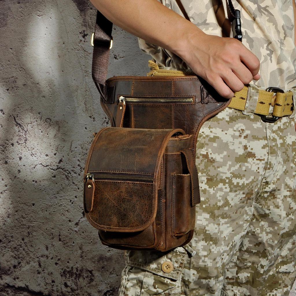 Genuine Leather Men Casual Messenger Shoulder Sling Bag Fashion Multifunction Drop Leg Bag Waist Pack