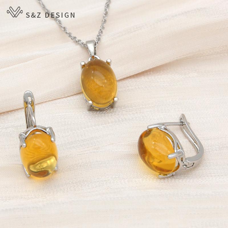 Fashion Egg Shape Oval Drop Earrings Jewelry Sets For Women Wedding Rose Gold Color Classic Pendant Necklace