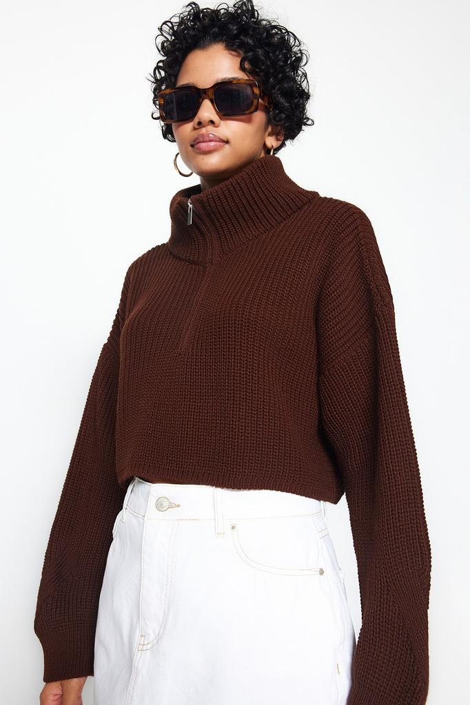 Женский свитер в элегантном стиле, суперукороченный трикотаж с застежкой-молнией и камнем