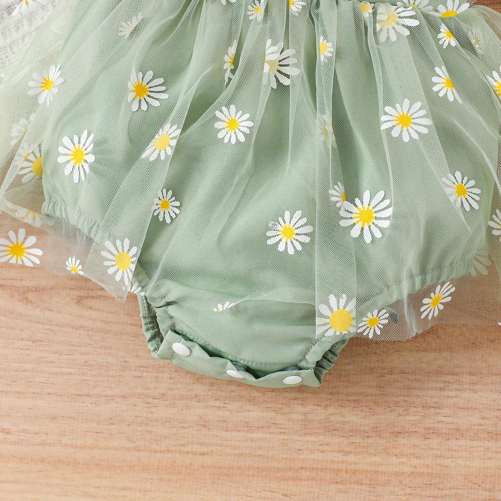 Летние наряды для маленьких девочек из 2 предметов, комбинезон с ромашками и рюшами на рукавах, сетчатое платье с повязкой на голову