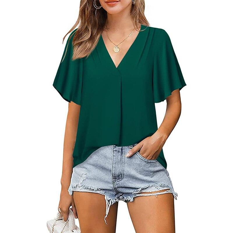 2023 летняя расклешенная шифоновая блузка с короткими рукавами, женская свободная элегантная рубашка с v-образным вырезом для женщин, модные женские топы, повседневные блузки 24905