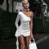 Women's Fall Fashion One Shoulder Sleeve Ruffle Flutter Long Sleeve Short Dress