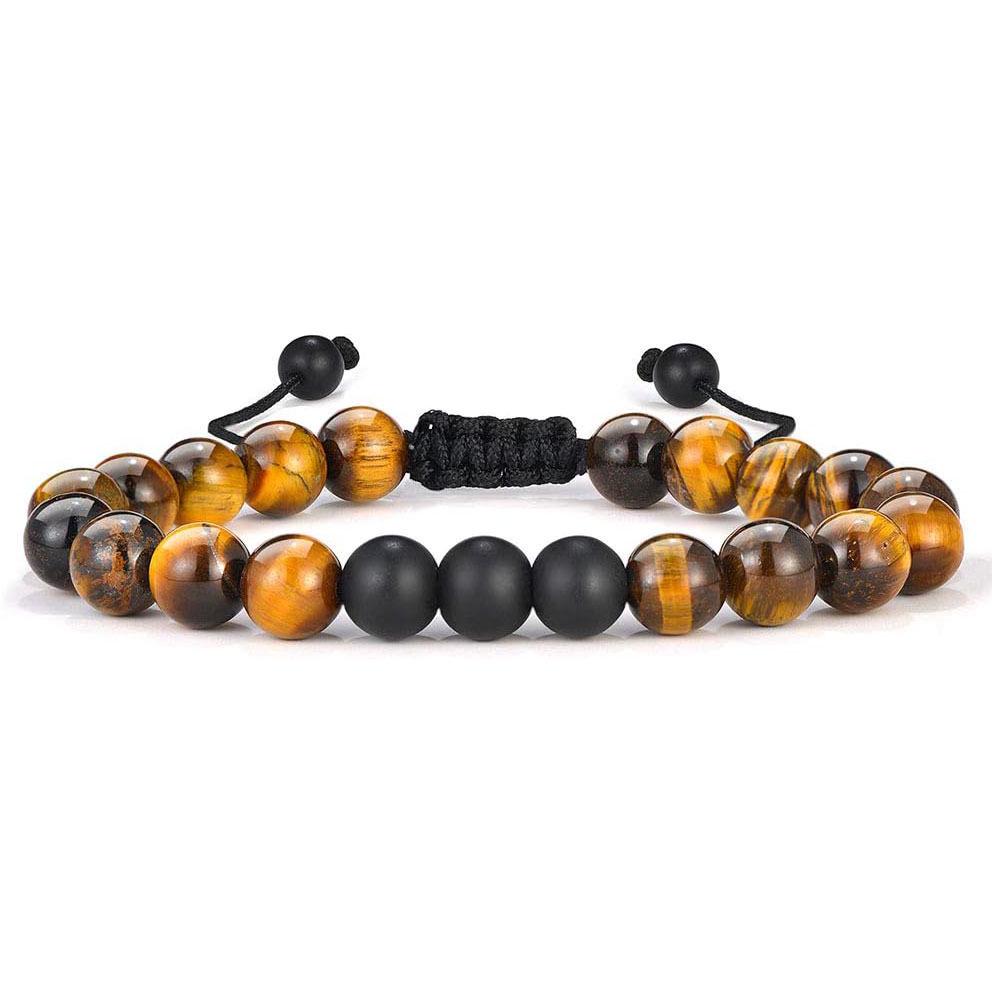 Мужской плетеный браслет из тигрового глаза и лавового камня - Подарок, ручная работа, бусины из черного агата 8 мм