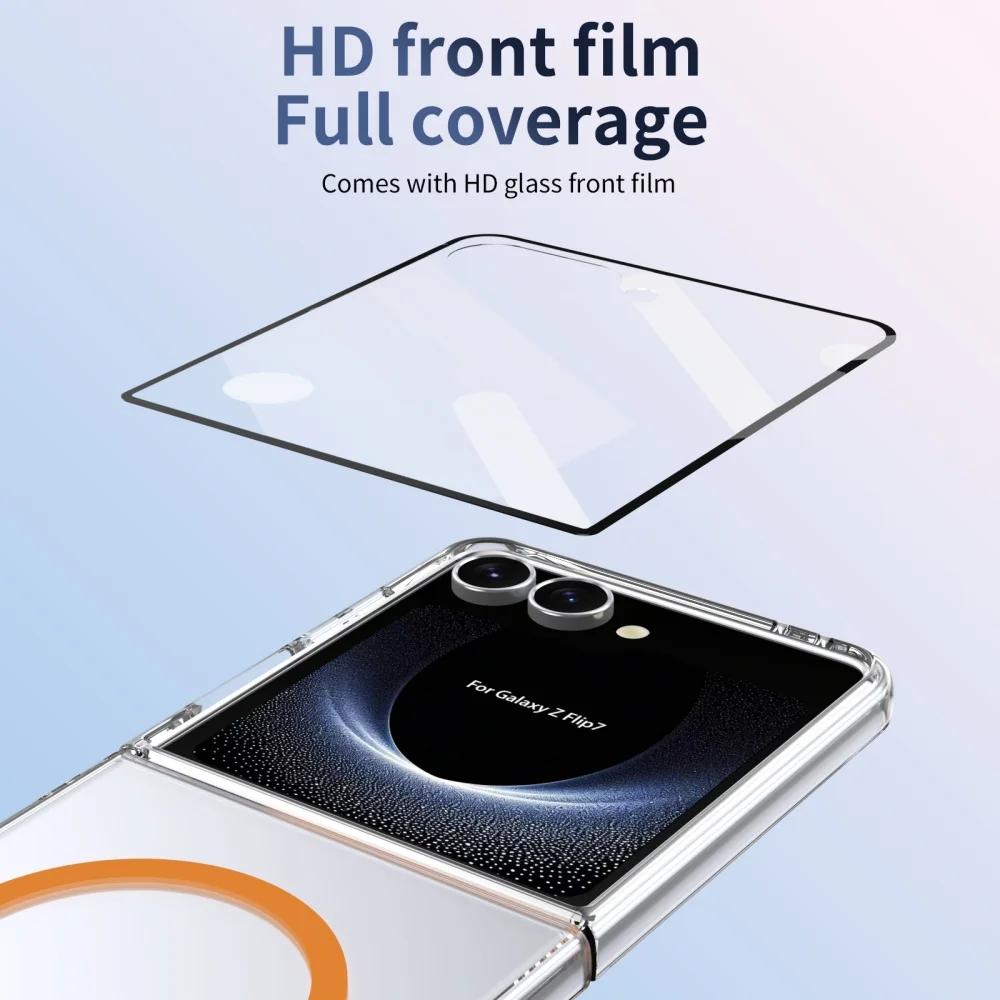 Роскошный прозрачный чехол-книжка с магнитной фиксацией Magsafe для Samsung Galaxy Z Flip 7 6 5 4 с защитной пленкой для экрана и поддержкой беспроводной зарядки