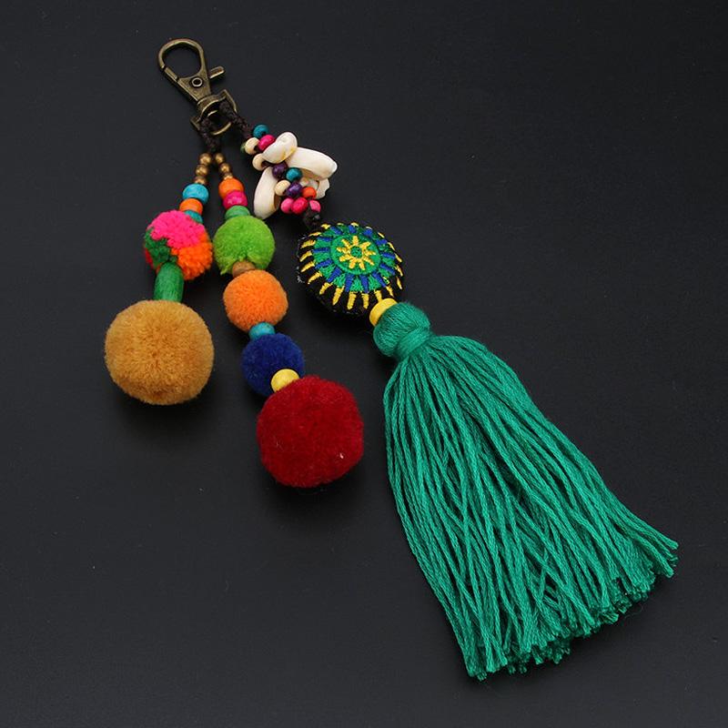 Flower Charms Keychains Pompom Tassels Colorful Pendant Keyring Women 1pc Multicolor Beads Accessories Jewelry Boho Style