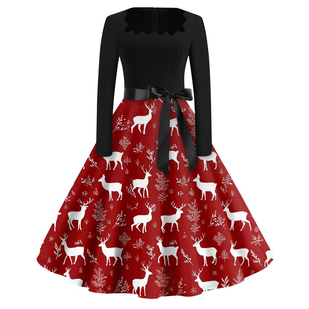 Christmas Print Flare Dress For Women Long Sleeve Dress Hollow Party Casual Square Collar Dresses