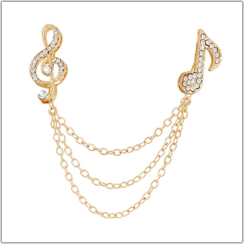 Elegant Rhinestone Music Note Brooch with Tassel Chain - Crystal Lapel Pin Accessory