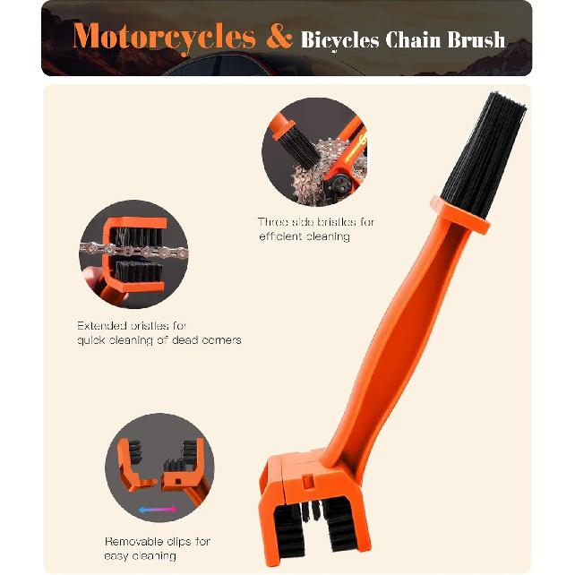 YeewayVeh 7PCS Motorcycle Cleaning Kit, 2-Size Bendable Wheel Brush, Tire And Chain Brush, Detailing Brush, Microfiber Towel And Car Wash Mitt For