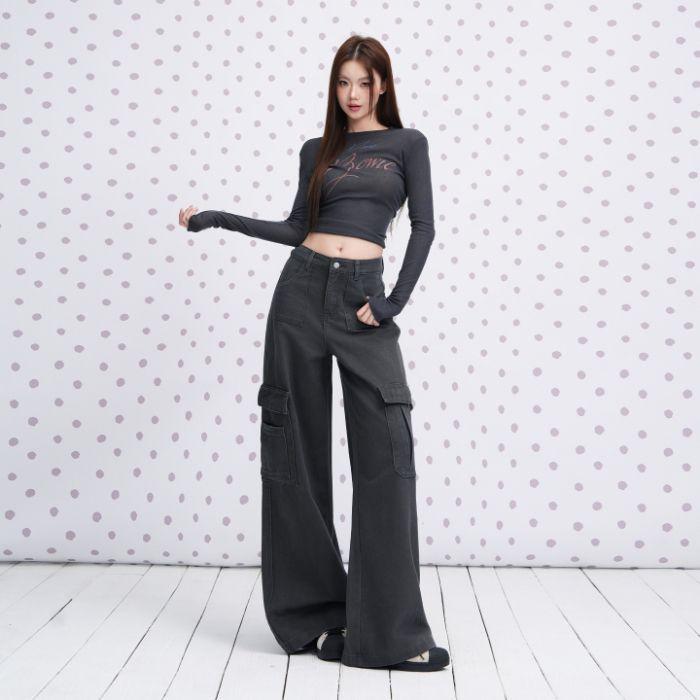Cement gray American multi-pocket tooling jeans women's early autumn loose straight versatile casual pants