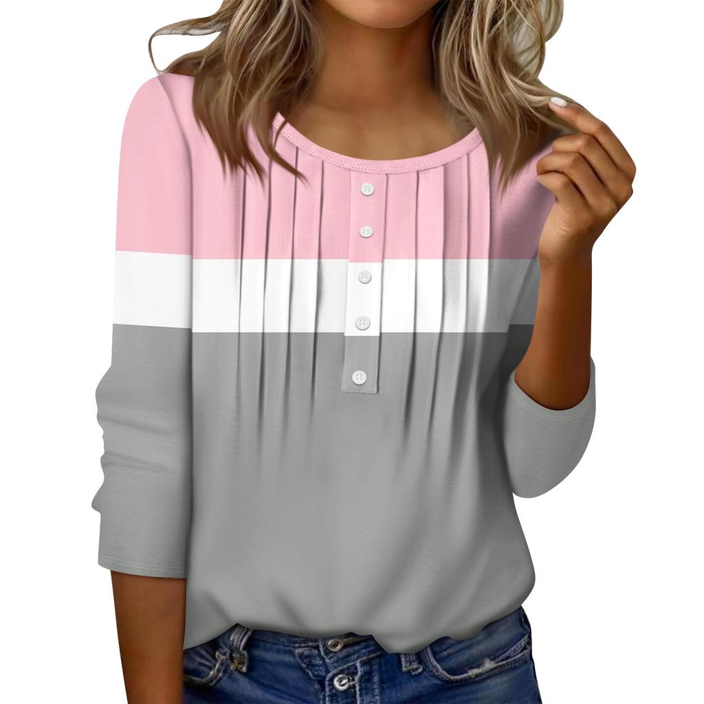Женский топ с круглым вырезом, декоративными пуговицами и полосками, повседневная футболка однотонного цвета с рукавом 3/4