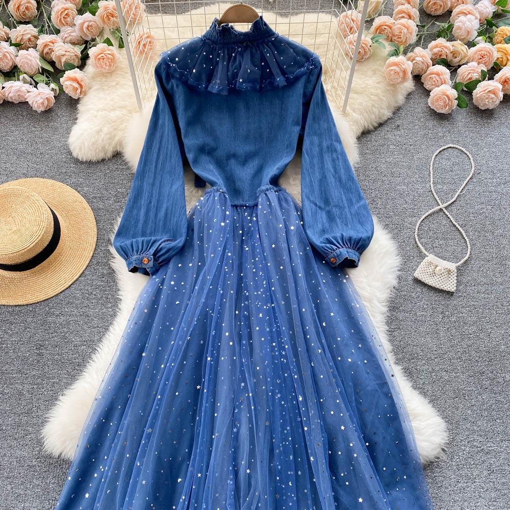 Весеннее новое платье с воротником-стойкой и застежкой на талии, элегантное платье-рубашка из денима с сетчатой строчкой и эффектом старения