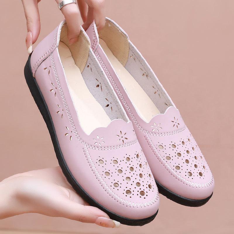 Spring Shoes, Sandals, Soft Soles, Comfortable Flat Soles, Hole Holes, Hollow Single Shoes, Medium and Old Women's Shoes, Elderly Leather Shoes