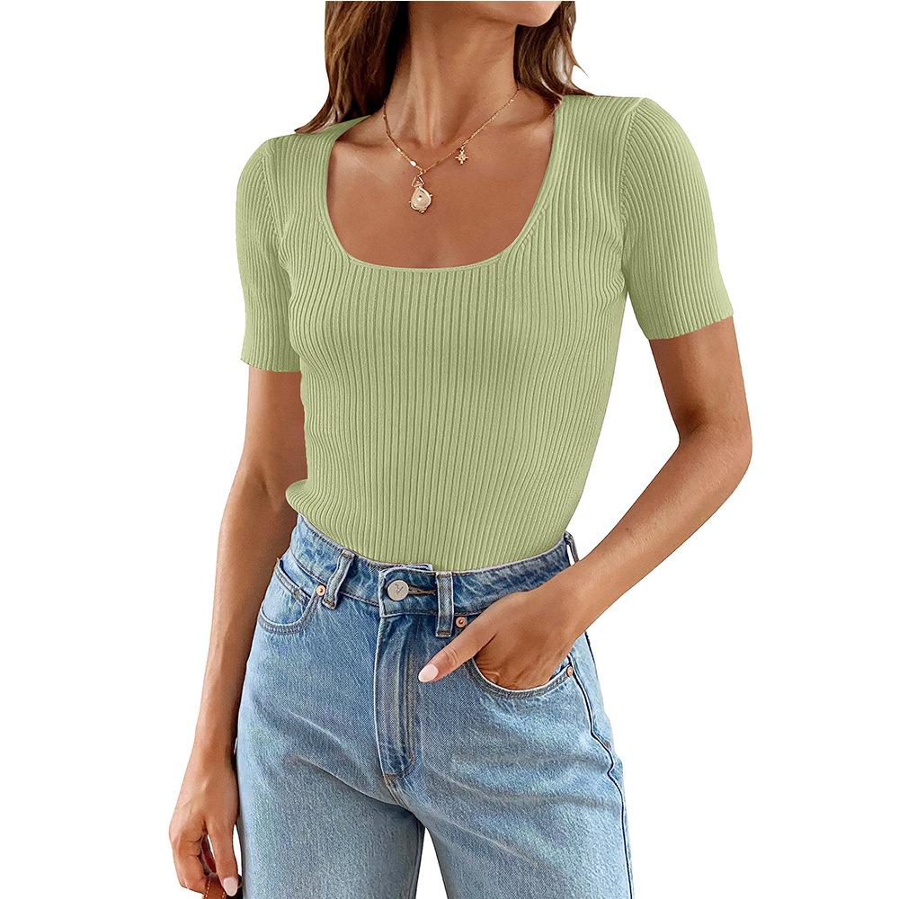 2025 летняя новая женская одежда женская U-образная горловина низ облегающий базовый короткий рукав