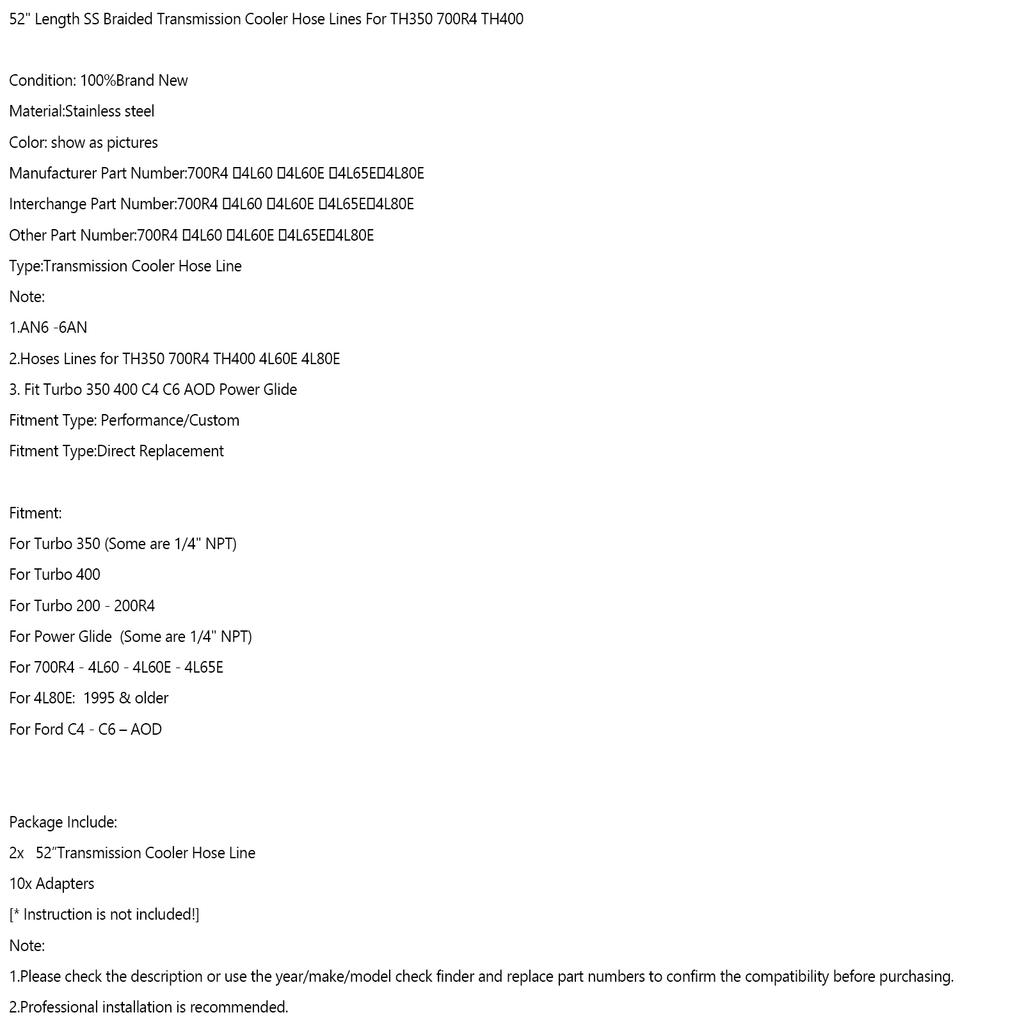 52" Length SS Braided Transmission Cooler Hose Lines For TH350 700R4 TH400