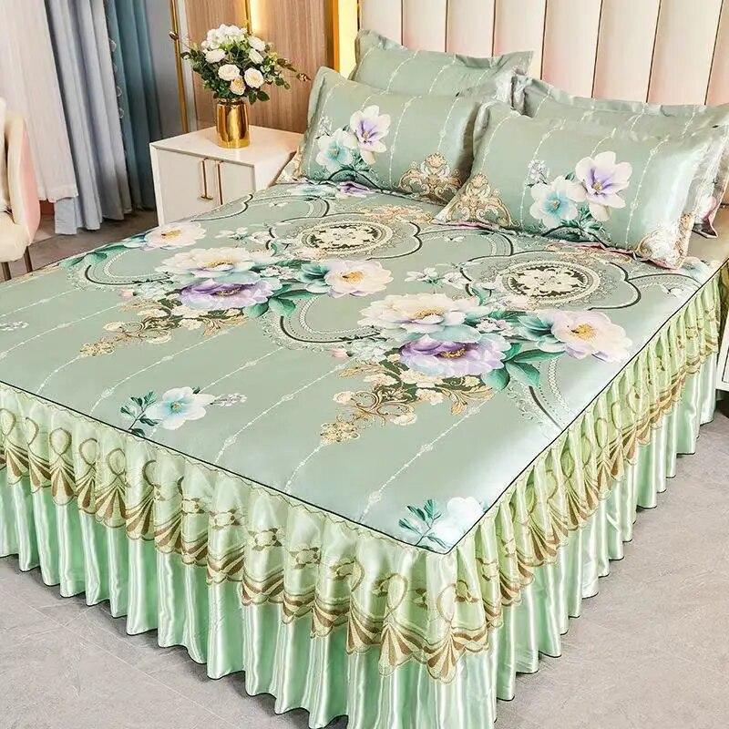 3 шт./лот, комплект двуспальных простыней, классическая кружевная королевская синяя простыня, юбка, можно стирать в машине, свадебное покрывало, наматрасник