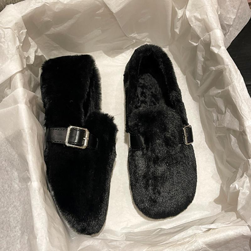 Модные повседневные женские туфли Женские мокасины с мехом и круглым носком Элегантные туфли с неглубоким носком Новые зимние туфли без застежек из флокированной ткани