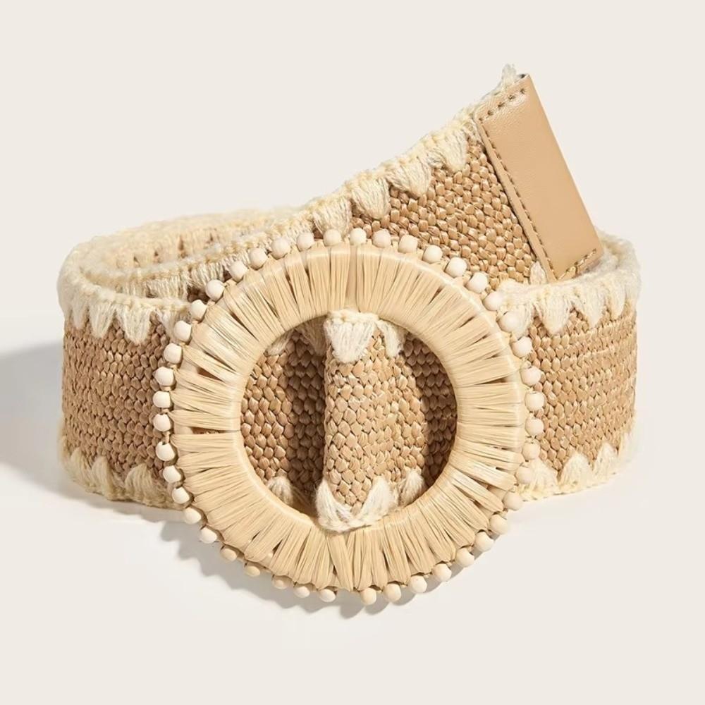 Модный круглый пояс-пряжка Boho соломенный поясной ремень Богемный плетеный ремень Эллиптическая пряжка Декор из бусин Женский ремень для пляжного отдыха